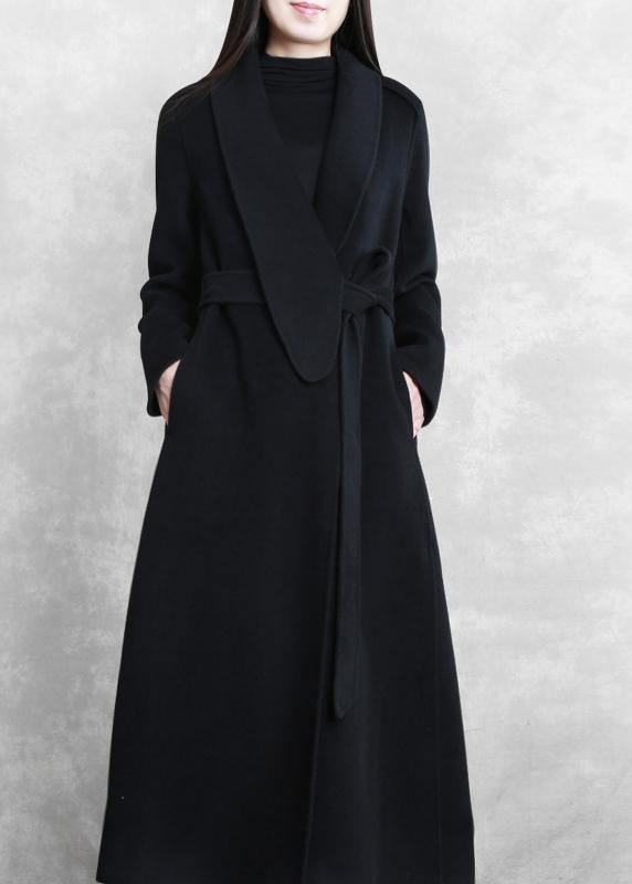 Fine Loose Fitting Maxi Coat Woolen Outwear Black Tie Waist Pockets Overcoat