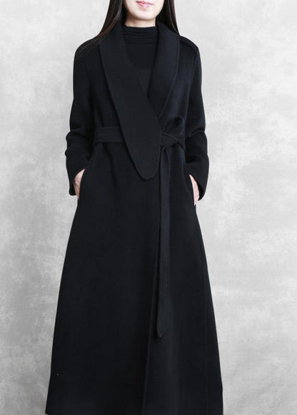 Fine Loose Fitting Maxi Coat Woolen Outwear Black Tie Waist Pockets Overcoat