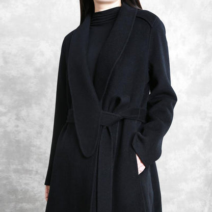 Fine Loose Fitting Maxi Coat Woolen Outwear Black Tie Waist Pockets Overcoat
