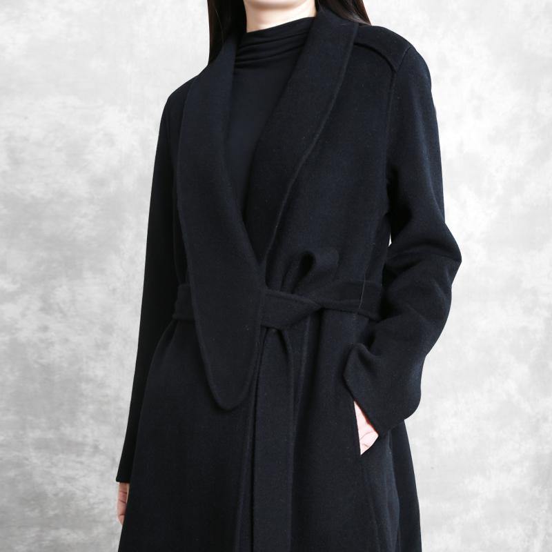 Fine Loose Fitting Maxi Coat Woolen Outwear Black Tie Waist Pockets Overcoat