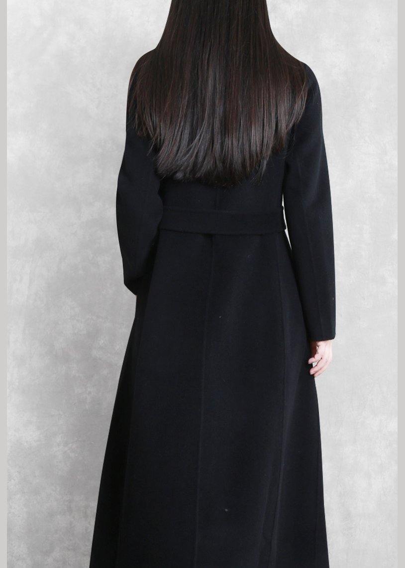 Fine Loose Fitting Maxi Coat Woolen Outwear Black Tie Waist Pockets Overcoat
