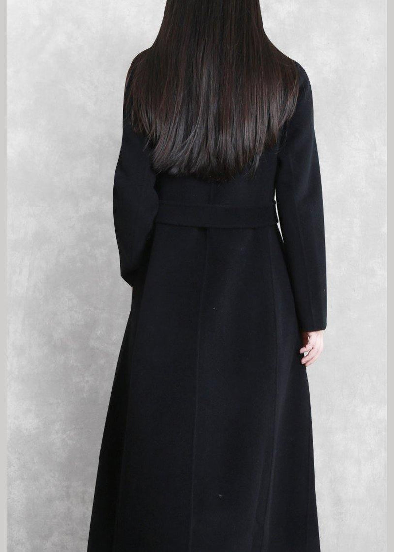 Fine Loose Fitting Maxi Coat Woolen Outwear Black Tie Waist Pockets Overcoat