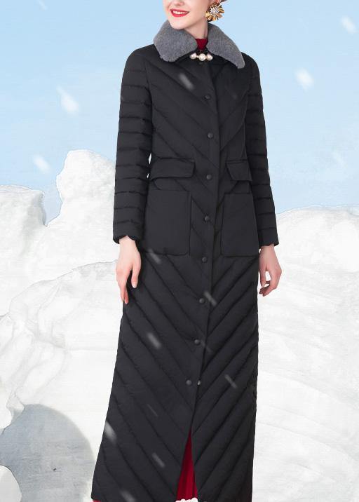 Fine Loose Fitting Snow Jackets Rabbit Wool Collar Overcoat Black Big Pockets Down Jacket Woman
