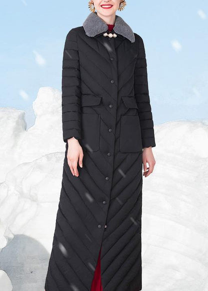 Fine Loose Fitting Snow Jackets Rabbit Wool Collar Overcoat Black Big Pockets Down Jacket Woman