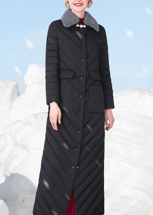 Fine Loose Fitting Snow Jackets Rabbit Wool Collar Overcoat Black Big Pockets Down Jacket Woman
