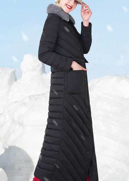 Fine Loose Fitting Snow Jackets Rabbit Wool Collar Overcoat Black Big Pockets Down Jacket Woman