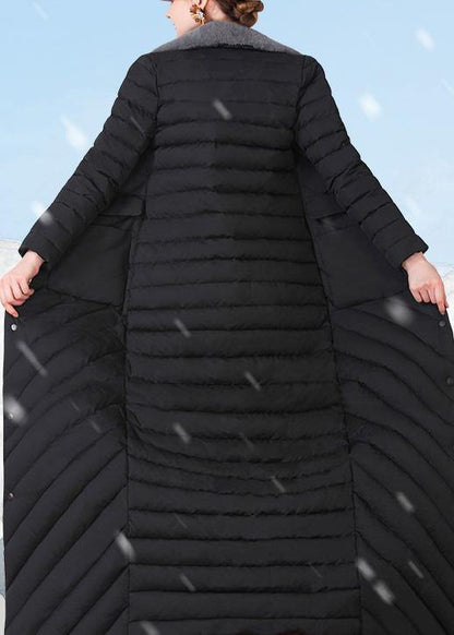 Fine Loose Fitting Snow Jackets Rabbit Wool Collar Overcoat Black Big Pockets Down Jacket Woman