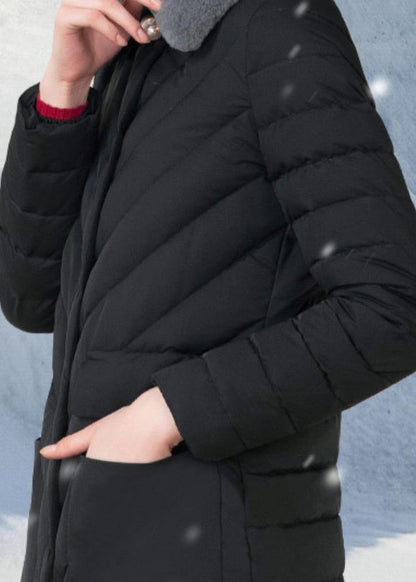 Fine Loose Fitting Snow Jackets Rabbit Wool Collar Overcoat Black Big Pockets Down Jacket Woman