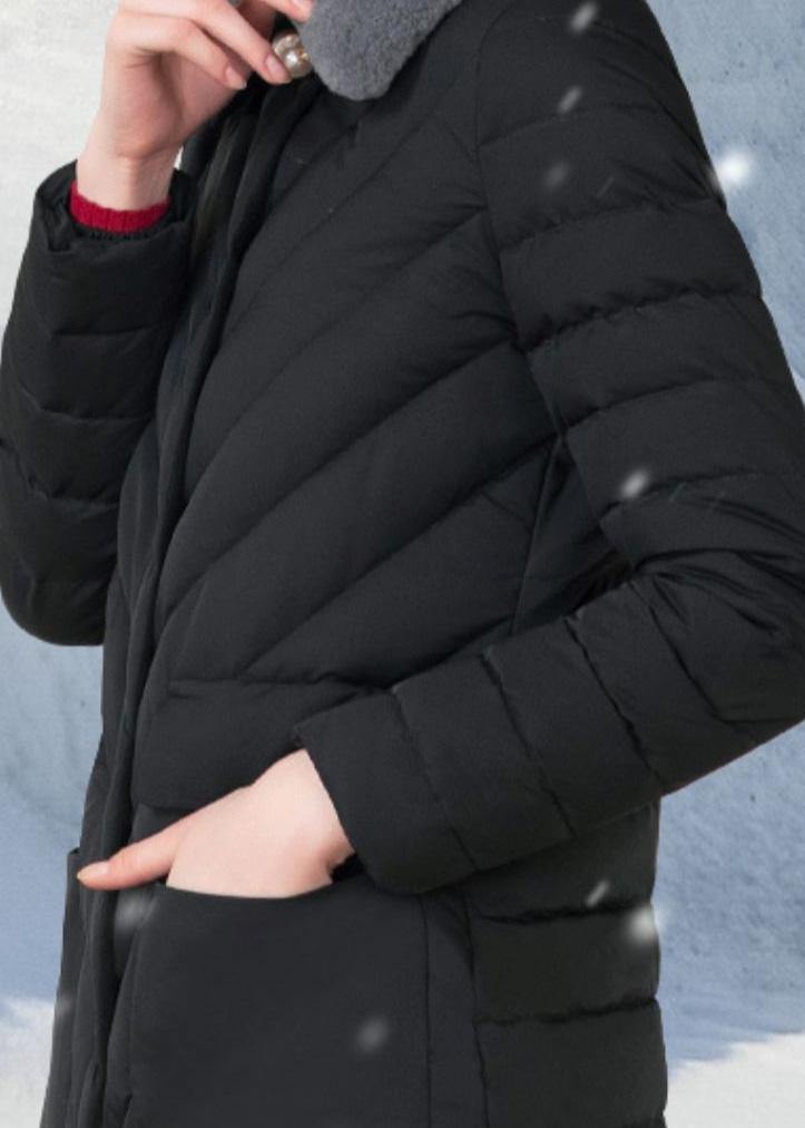 Fine Loose Fitting Snow Jackets Rabbit Wool Collar Overcoat Black Big Pockets Down Jacket Woman