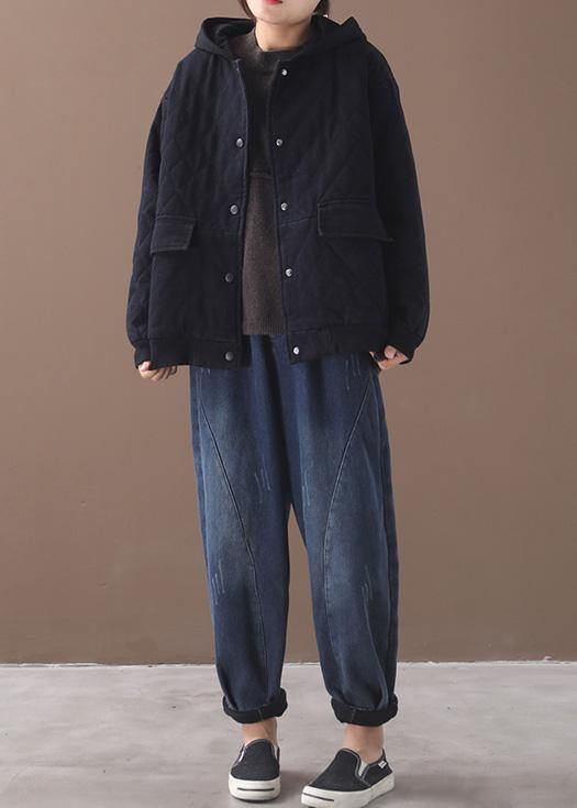 Fine Loose Fitting Snow Jackets Short Outwear Black Hooded Winter Coats