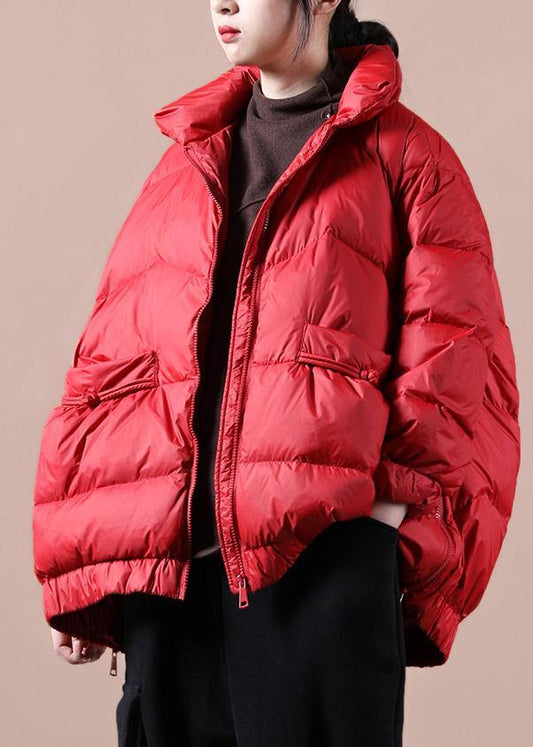Fine Loose Fitting Snow Jackets Zippered Jackets Red Stand Collar Goose Down Jackets