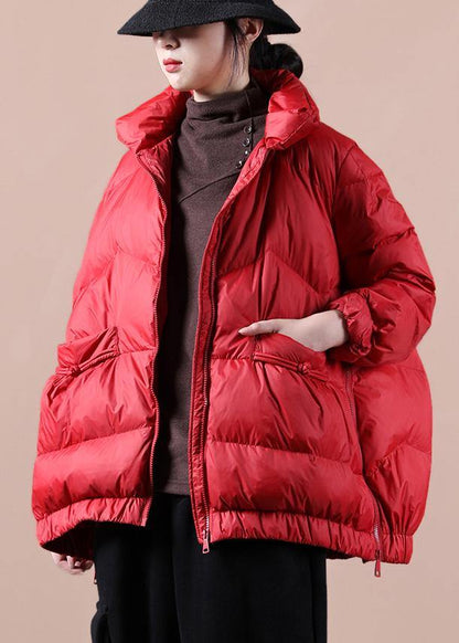 Fine Loose Fitting Snow Jackets Zippered Jackets Red Stand Collar Goose Down Jackets