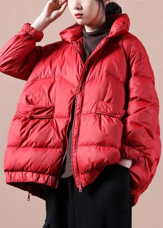 Fine Loose Fitting Snow Jackets Zippered Jackets Red Stand Collar Goose Down Jackets
