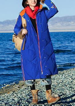 Fine Loose Fitting Winter Jacket Hooded Jackets Blue Side Open Zippered Warm Winter Coat