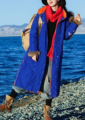 Fine Loose Fitting Winter Jacket Hooded Jackets Blue Side Open Zippered Warm Winter Coat