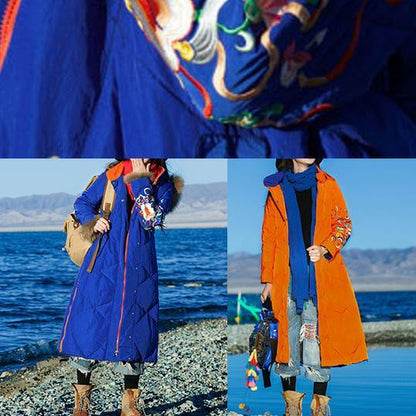 Fine Loose Fitting Winter Jacket Hooded Jackets Blue Side Open Zippered Warm Winter Coat