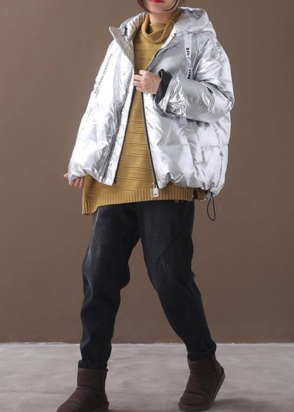 Fine Loose Fitting Overcoat Silver White Hooded Zippered Duck Down Coat