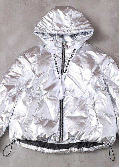 Fine Loose Fitting Overcoat Silver White Hooded Zippered Duck Down Coat