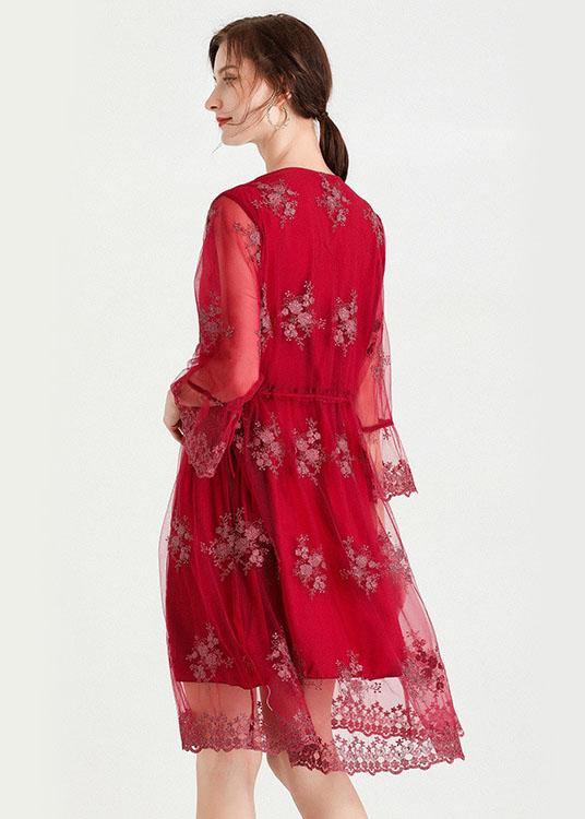 Fine Mulberry V Neck Jacquard Spring Three Quarter Sleeve Dress