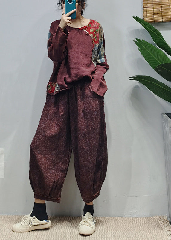 Fine Mulberry Side Open Patchwork Linen Blouses Long Sleeve