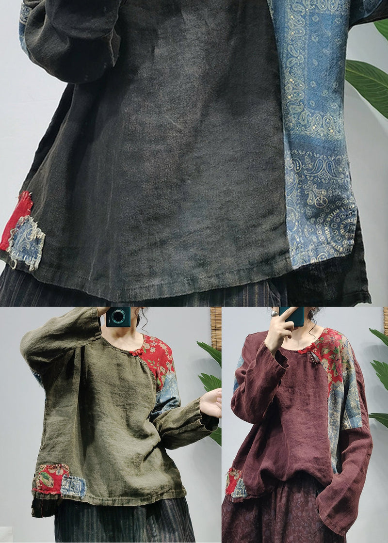 Fine Mulberry Side Open Patchwork Linen Blouses Long Sleeve
