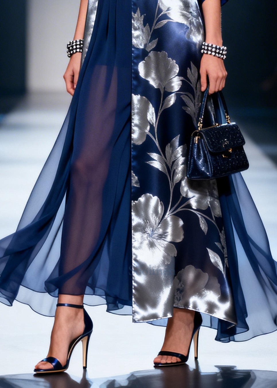 Fine Navy Asymmetrical Print Chiffon Robe Dresses Summer