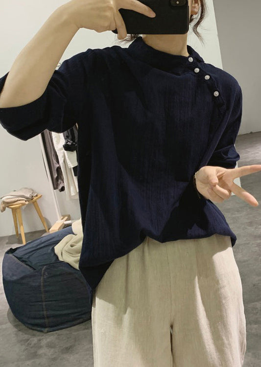 Fine Navy Asymmetrical Stand Collar Cotton Shirts Spring