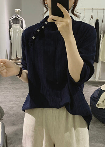 Fine Navy Asymmetrical Stand Collar Cotton Shirts Spring
