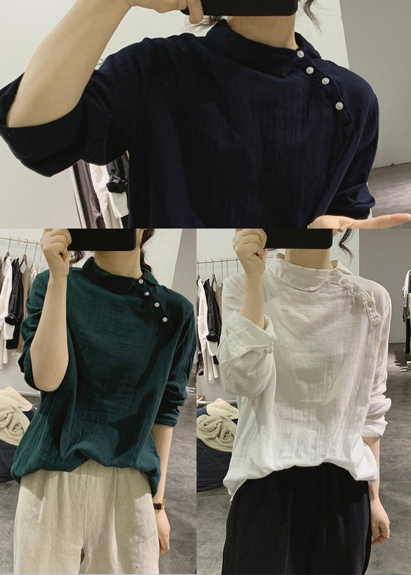 Fine Navy Asymmetrical Stand Collar Cotton Shirts Spring