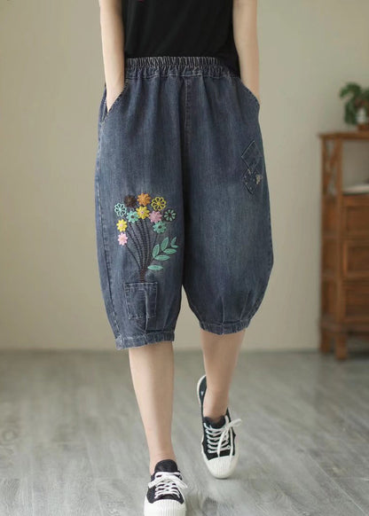 Fine Navy Embroideried Denim Harem Pants Summer