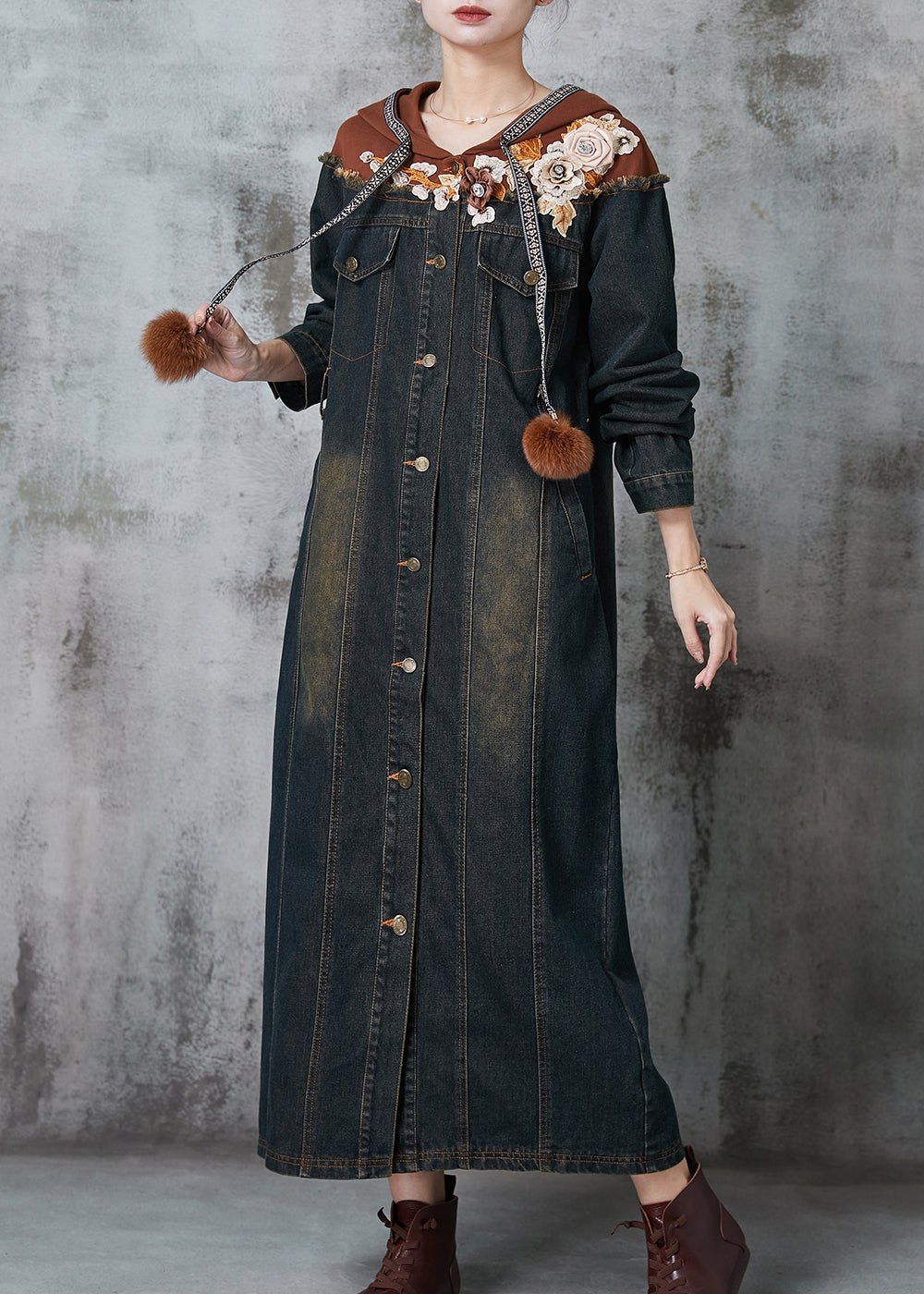 Fine Navy Patchwork Denim Long Dresses Spring