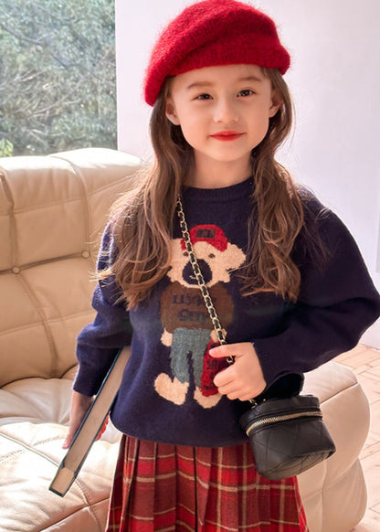 Fine Navy O-neck Graphic Cotton Knit Kids Sweaters Spring