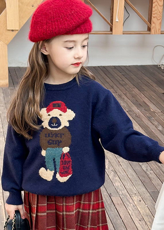 Fine Navy O-neck Graphic Cotton Knit Kids Sweaters Spring