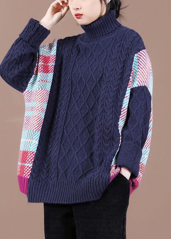 Fine Navy Patchwork High Neck Fall Knit Sweater