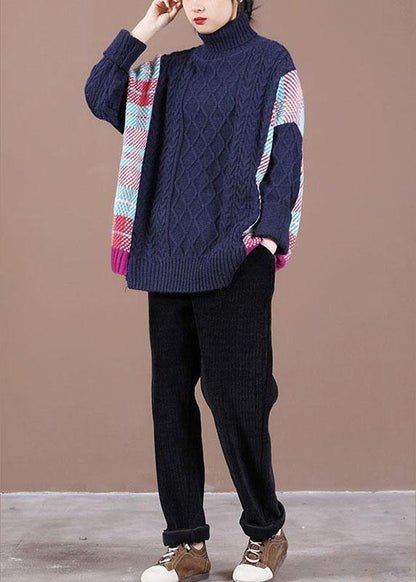 Fine Navy Patchwork High Neck Fall Knit Sweater