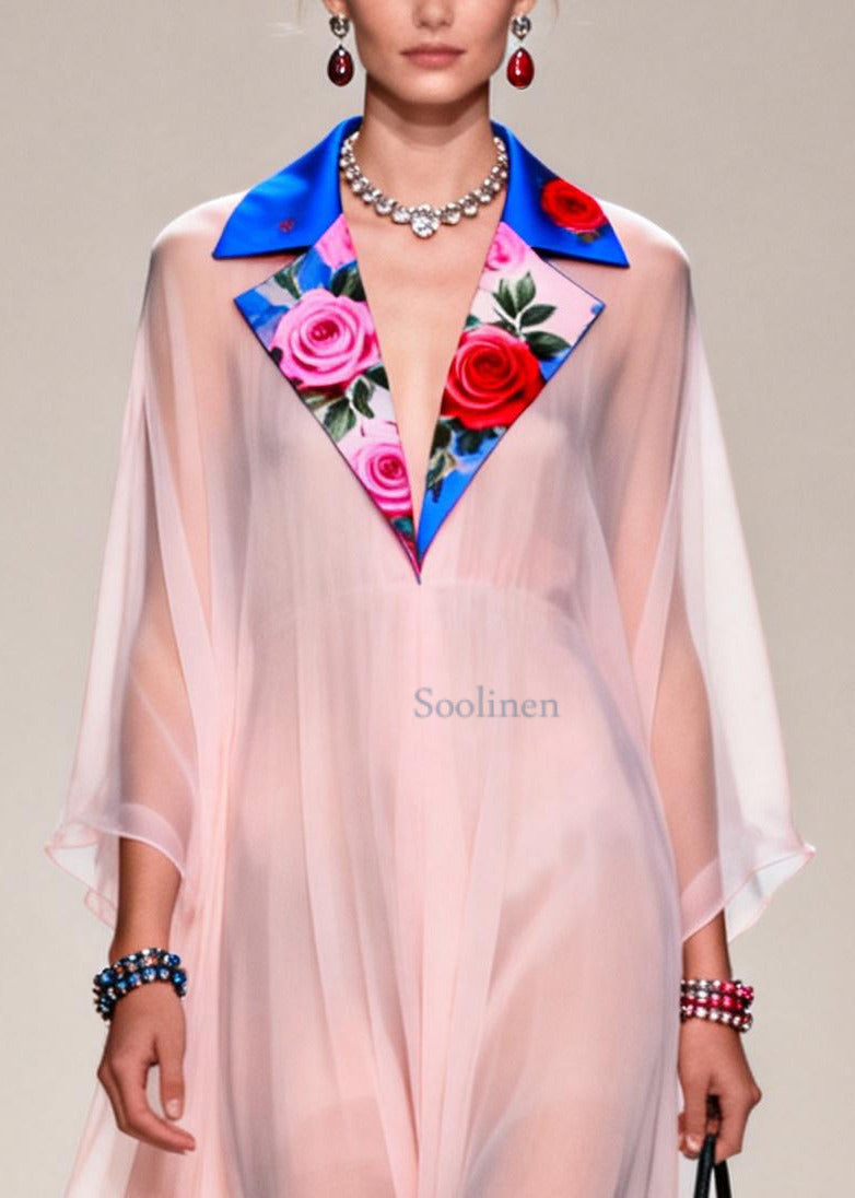 Fine Nude Notched Patchwork Chiffon Sheer Dresses Summer