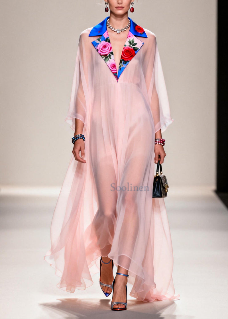 Fine Nude Notched Patchwork Chiffon Sheer Dresses Summer