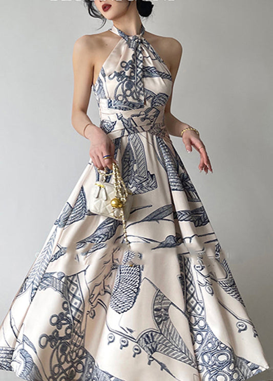 Fine O-neck Print Chiffon Halter Maxi Dress Sleeveless