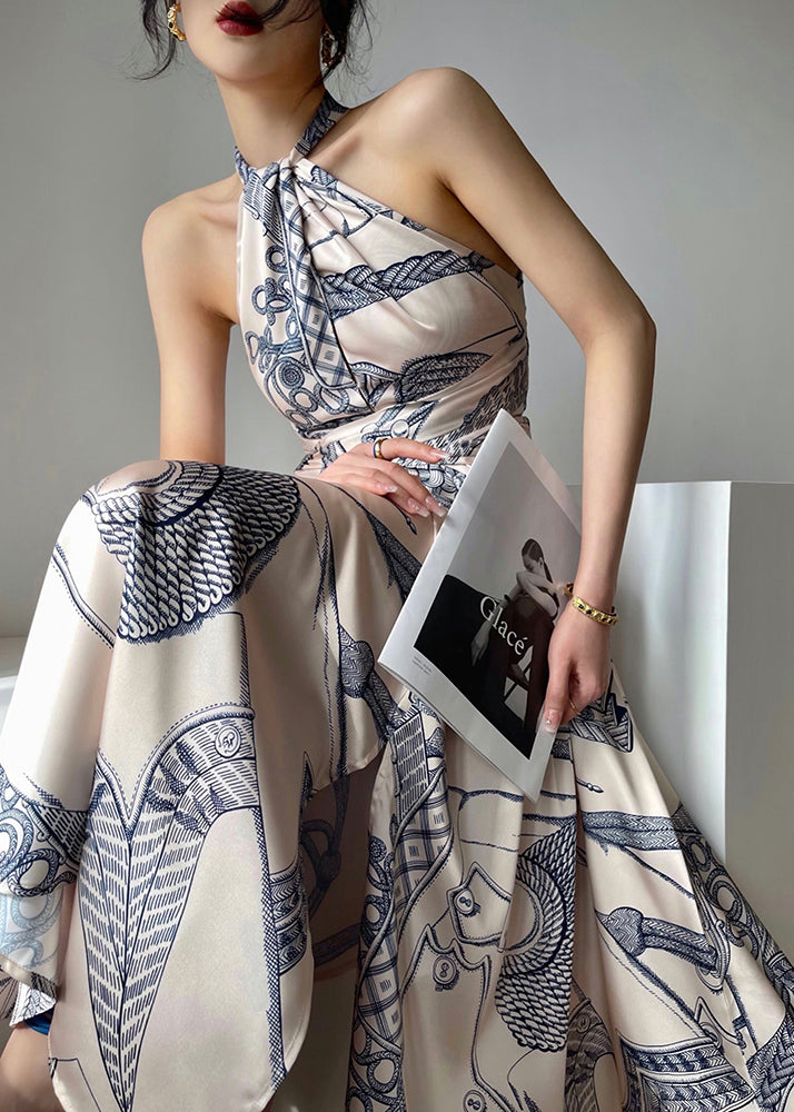 Fine O-neck Print Chiffon Halter Maxi Dress Sleeveless