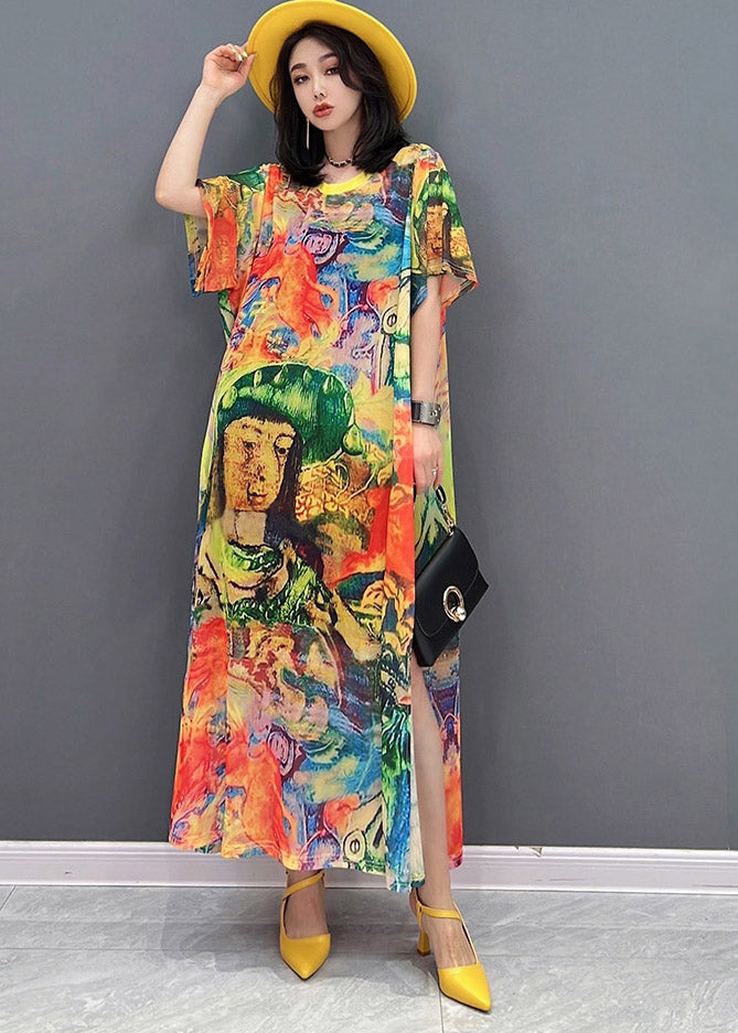 Fine O-neck Print Side Open Chiffon Party Dress Short Sleeve