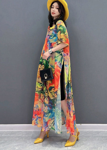 Fine O-neck Print Side Open Chiffon Party Dress Short Sleeve
