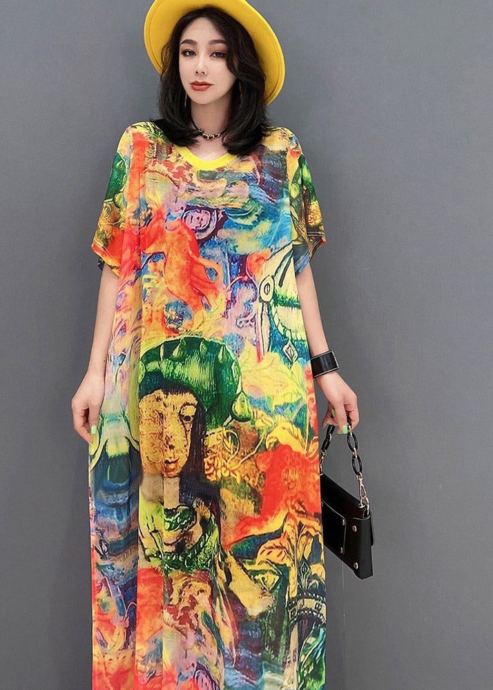 Fine O-neck Print Side Open Chiffon Party Dress Short Sleeve