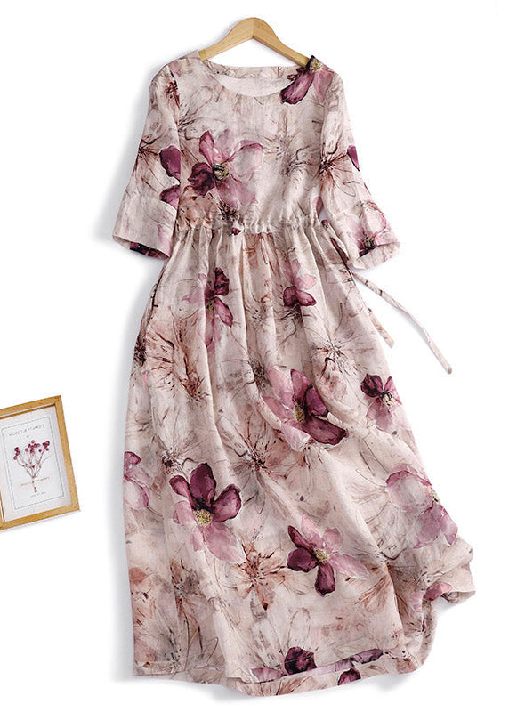 Fine O-neck Print Wrinkled Linen Long Dress Summer