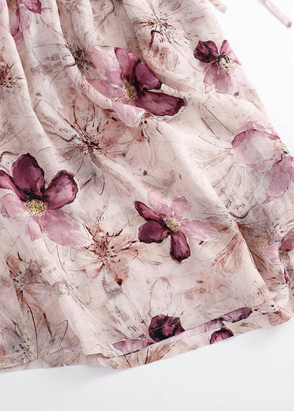 Fine O-neck Print Wrinkled Linen Long Dress Summer