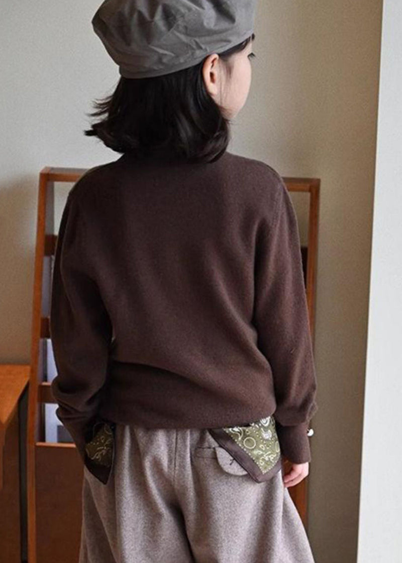 Fine Oatmeal Asymmetrical Button Cotton Knit Kids Sweater Spring