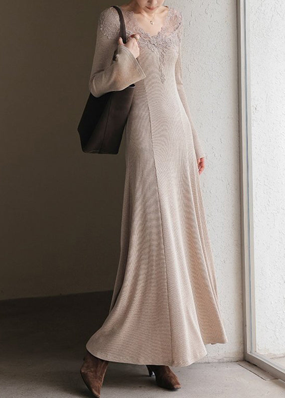 Fine Oatmeal O-neck Lace Patchwork Cotton Knit Long Sweater Dress Spring