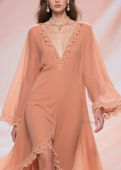 Fine Orange Lace Side Open Chiffon Long Dresses