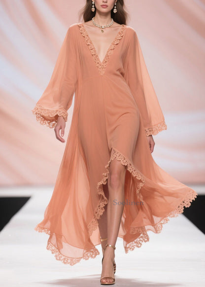 Fine Orange Lace Side Open Chiffon Long Dresses