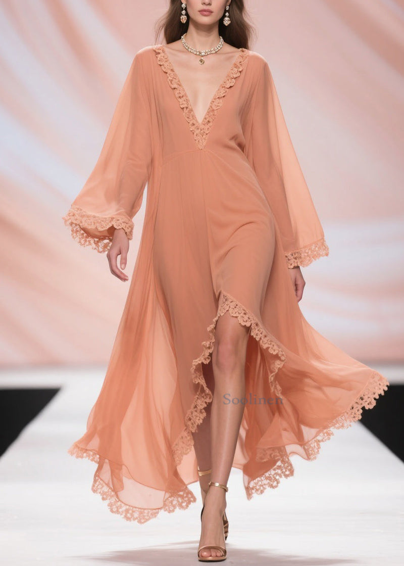 Fine Orange Lace Side Open Chiffon Long Dresses