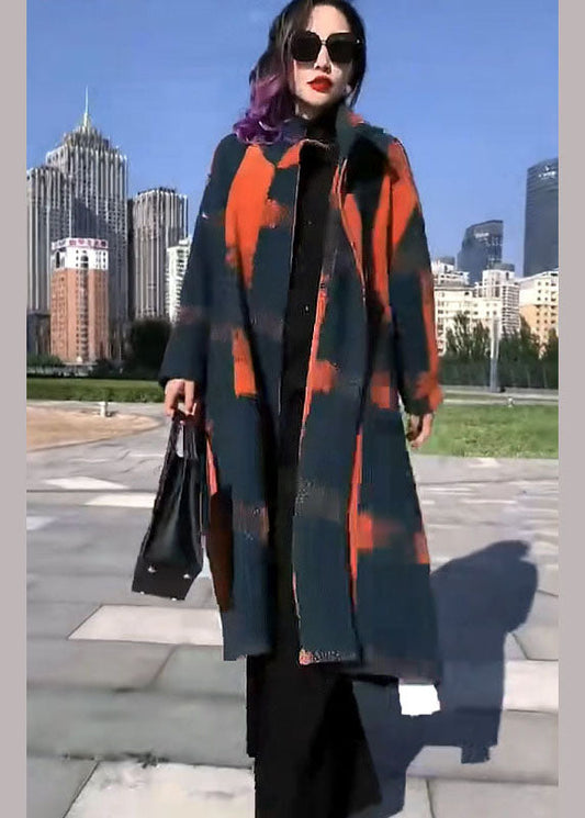 Fine Orange Print Woolen Loose Circle Winter Trench Coats